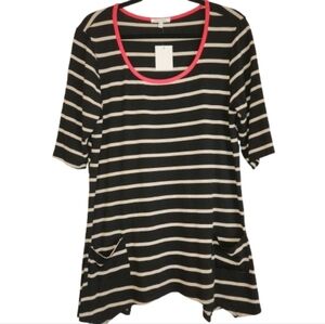 NWT Ava James Black/Tan Stripe Red Contrast Trim Size XL Tunic Top Pockets Flowy